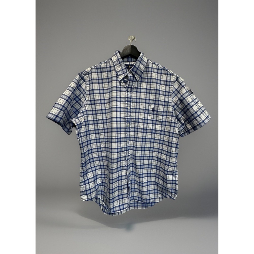 Polo Ralph Lauren Mens Short Sleeve Shirt‎ Sz Large Oxford Plaid Blue Flesh Pony